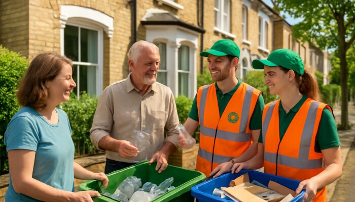 London house clearance team sorting recyclables with residents in sunny ISO 14001 eco initiative