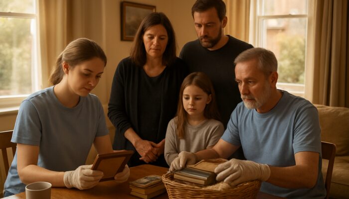 Volunteers compassionately sorting belongings in sunlit Victorian home as grieving UK family watches