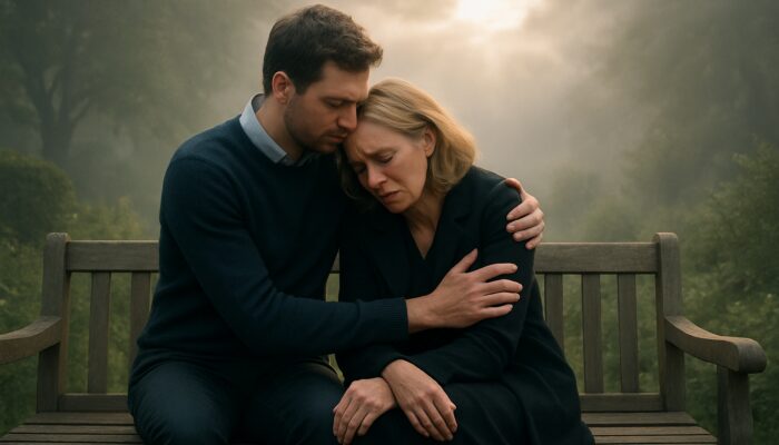 Charity counselor embracing grieving widow on misty English garden bench under soft hopeful light.
