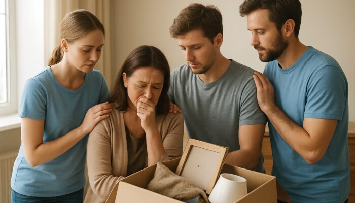 Volunteers compassionately help a grieving family clear belongings from a quiet home during loss.