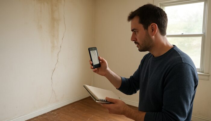 Homeowner photographing water stains, cracks, and scratched floors in empty bedroom with notebook.