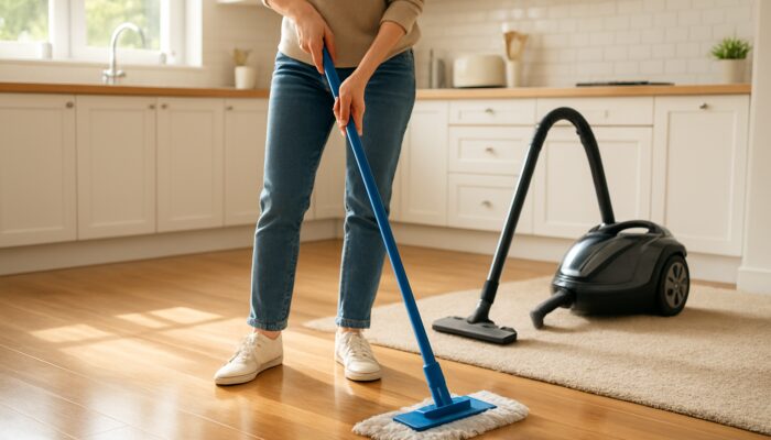 Person mopping laminate floors and vacuuming carpets in bright UK kitchen for allergen-free home.