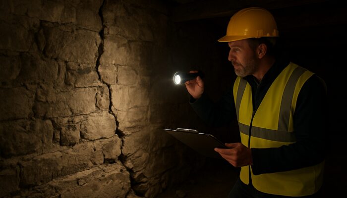 Surveyor assessing cracked walls and foundations in dimly lit historic UK basement before clearance