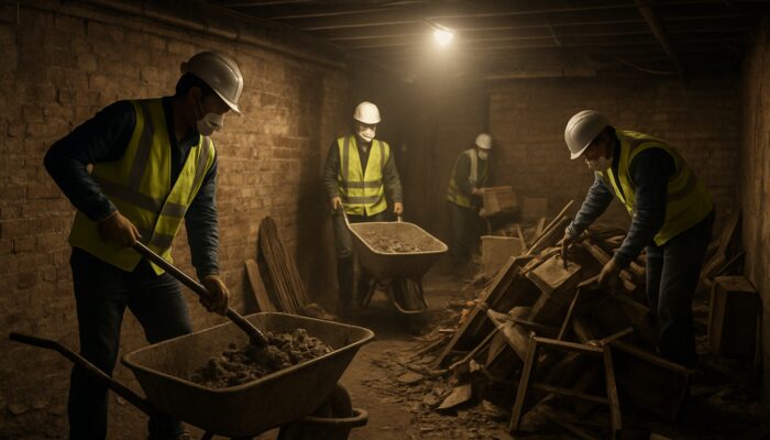 Professional workers clearing cluttered UK basement with exposed bricks, furniture, and wheelbarrows.