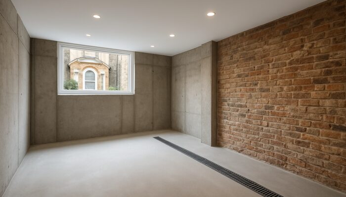 Bright Victorian basement with reinforced walls, modern drainage, and preserved historic brickwork after clearance.