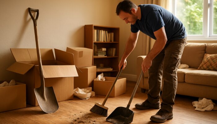 Worker sweeping debris with broom and dustpan amid clutter in cozy UK home.