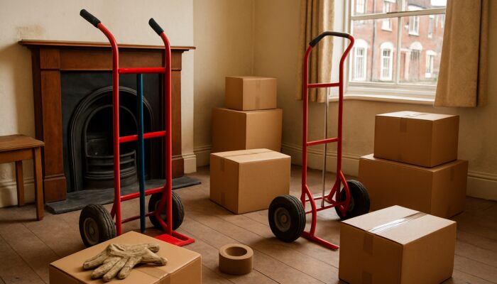 Affordable UK house clearance tools scattered in cluttered British terrace house interior