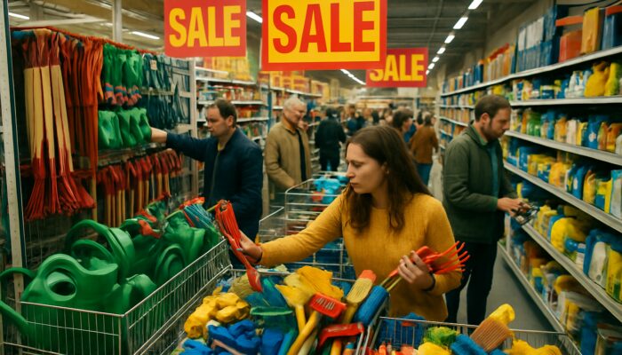 Shoppers grabbing discounted gardening tools and cleaning supplies at a vibrant UK hardware store clearance sale.