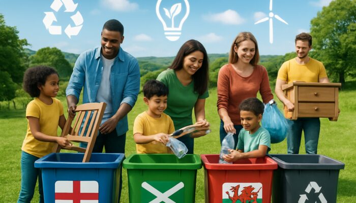 Diverse families sorting recyclables into UK regional bins labeled England Scotland Wales Northern Ireland for sustainable house clearance.