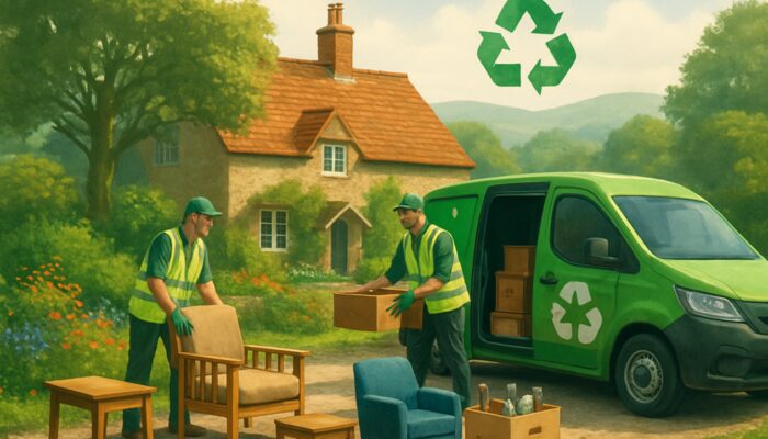 Workers sorting furniture into green electric van by UK cottage amid gardens and recycling symbols
