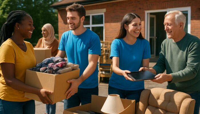Diverse UK residents donating furniture, clothing, and electronics to smiling volunteers at a sunny community center.