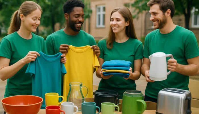 Eco-volunteers sorting clean clothes and kitchenware at charity drop-off for reuse.