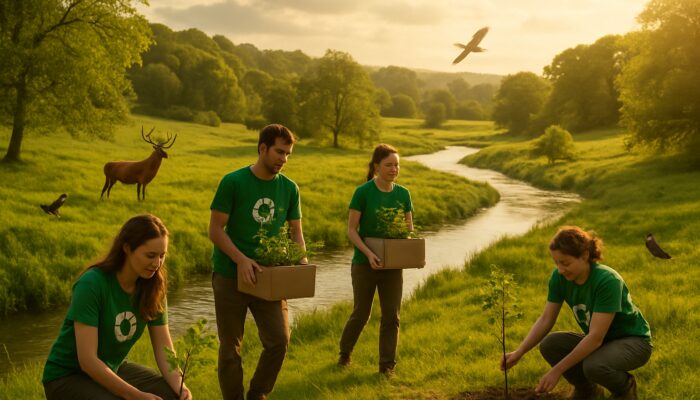 Volunteers planting trees by a UK river with deer, birds, and eco donation boxes in golden sunlight.