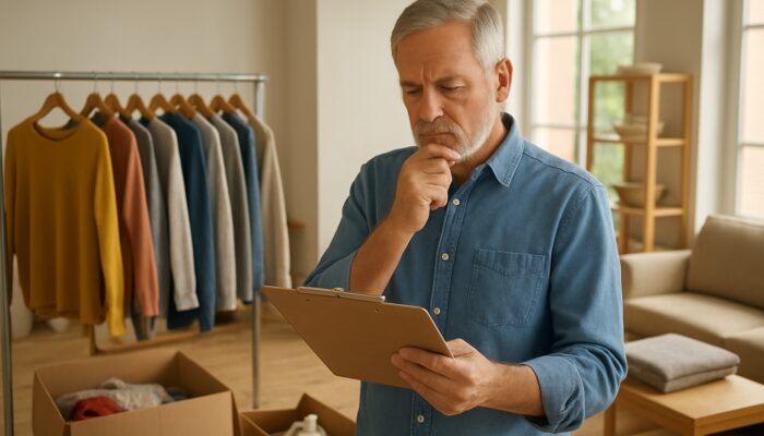 Donor reviews charity checklist with sorted clothing, furniture, and goods in sunlit center.
