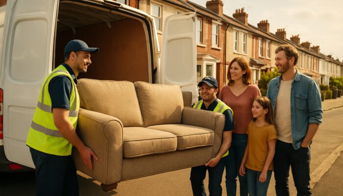UK clearance team loads furniture for relieved family on sunny suburban street