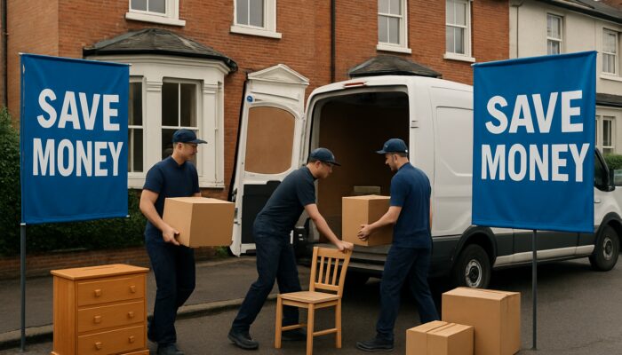 Budget UK house clearance team loading furniture into van outside terraced house with save money banners