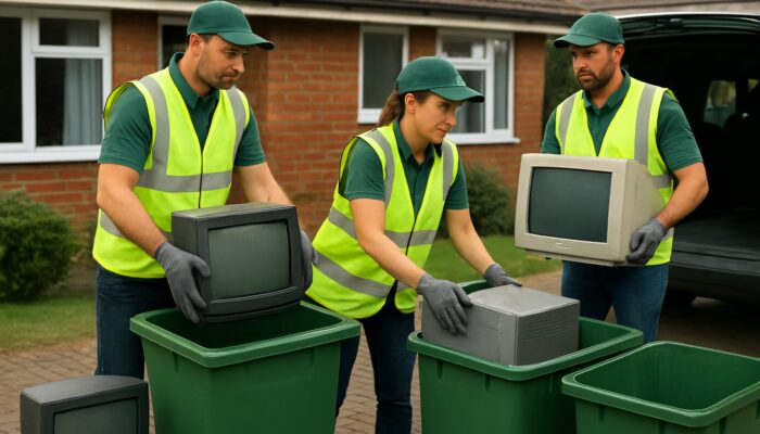 UK house clearance team recycling old TVs and appliances into bins under WEEE rules
