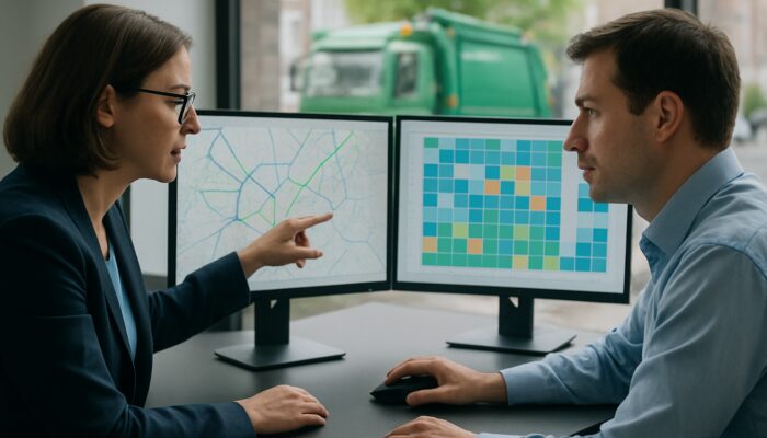 Analysts reviewing UK waste dashboards for truck routes and staff shift optimization