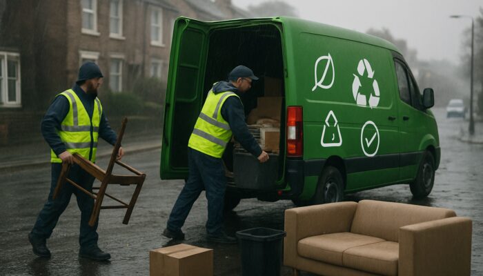 House clearance team loading recycled items into green electric van on rainy UK street with sustainability icons