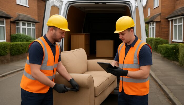 UK house clearance workers in safety gear load furniture onto van while checking digital route map on suburban street