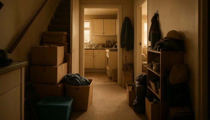 Cluttered UK flat hallway with overflowing boxes under stairs and messy rooms beyond