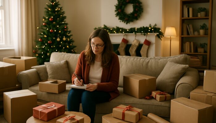 Cozy British living room filling with clutter from delivery boxes, gifts, and festive decorations as homeowner logs items in notebook.