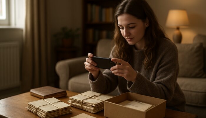 Woman photographing old letters and keepsakes in cozy UK living room before decluttering