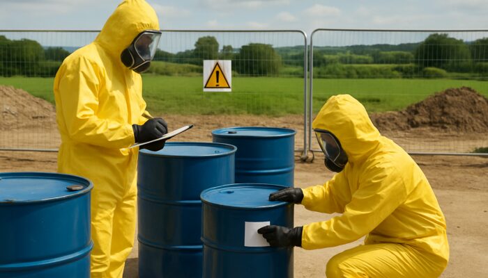 Hazmat-suited workers labeling hazardous waste drums at a UK construction site with safety signs and green fields.