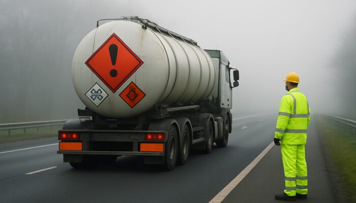 Hazardous waste tanker truck on misty UK motorway with high-vis safety personnel nearby.
