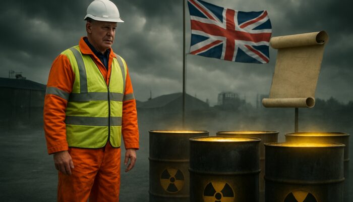 UK compliance officer inspects hazardous waste drums at misty British industrial yard under stormy skies