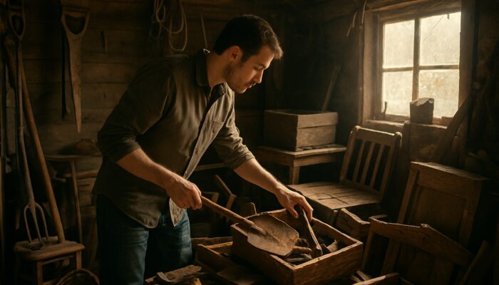 Person sorting aged tools and furniture in cluttered British garden shed under dusty sunlight for sustainability.