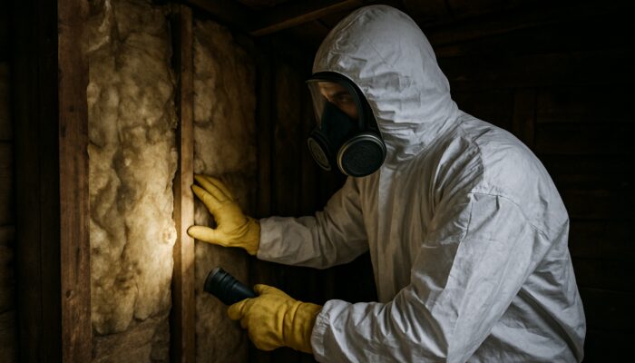 Gloved inspector checking exposed insulation for asbestos in dim wooden shed interior