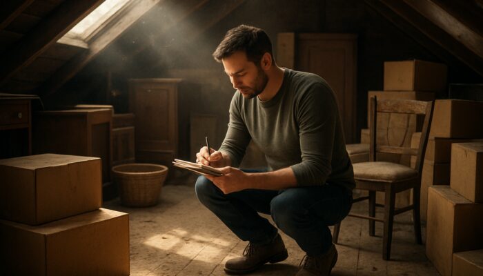 Homeowner kneels in dusty attic, inventorying boxes and furniture with notebook under sunlight beams.