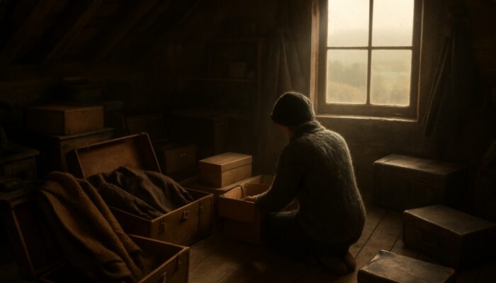 Person sorting seasonal items in cluttered Victorian attic overlooking misty UK countryside.