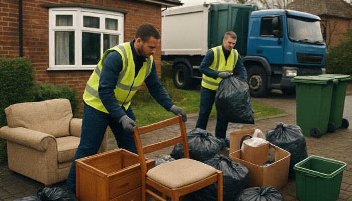 UK waste handlers in hi-vis vests display licenses during regulated suburban house clearance with trucks and bins.