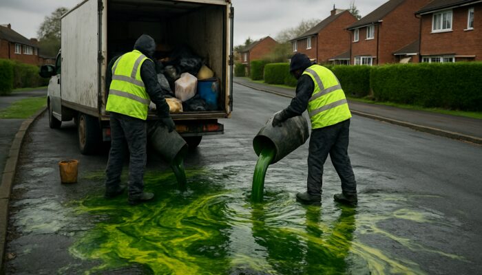 Unlicensed UK workers illegally dumping hazardous waste on suburban street with toxic spills.