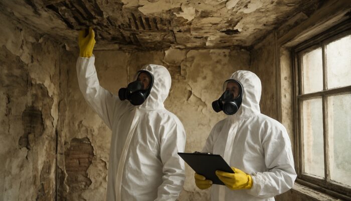 Hazmat-suited inspectors examining asbestos ceilings and crumbling walls in dilapidated Victorian UK house