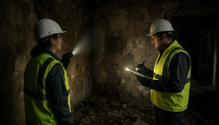 Safety experts in high-vis gear inspect derelict house hazards with flashlights and checklists for HSE compliance