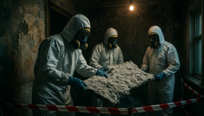 Hazmat workers removing asbestos in dimly lit Victorian terraced house with safety barriers
