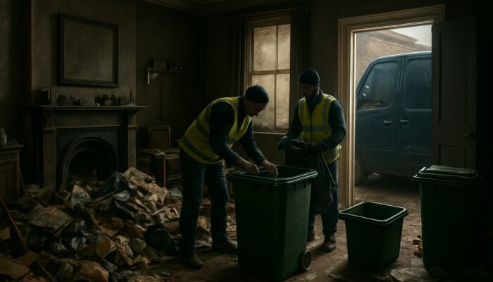 Workers sorting waste into bins during compliant Victorian house clearance beside licensed van in dramatic light