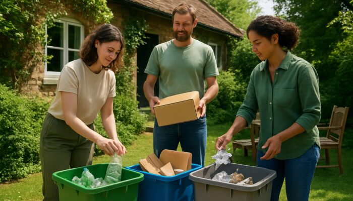 Workers sorting recycling waste outside quaint UK home amid greenery for sustainable clearance
