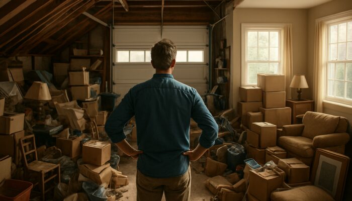 Homeowner surveying cluttered attic, garage, and spare rooms in sunlit suburban house.