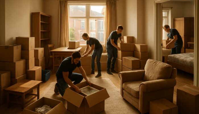 Movers sorting clutter, boxes, and furniture during UK terraced house clearance in warm sunlight.