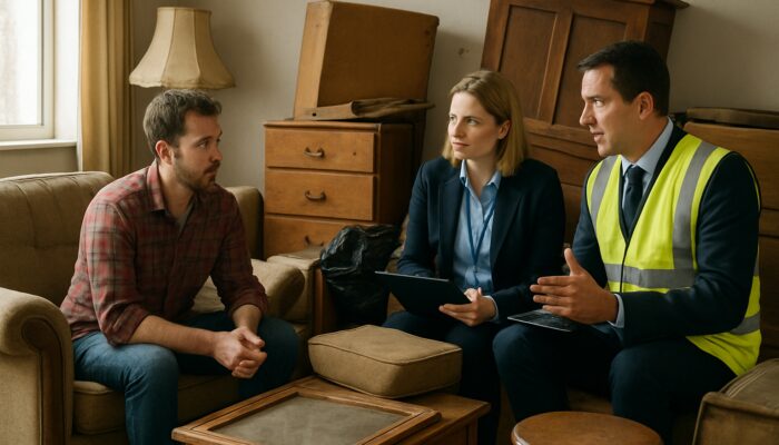 British homeowner consulting council officials on house clearance permits amid cluttered furniture and bulky waste.