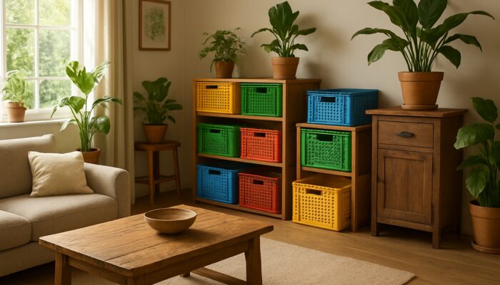 Cozy UK living room with eco-friendly recycled storage boxes, reclaimed wood furniture, and lush green plants.