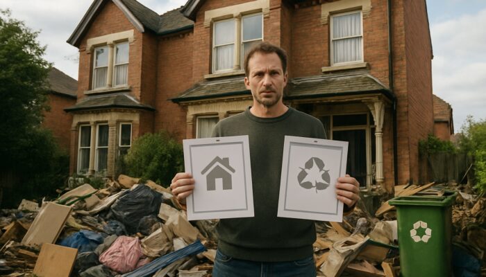 Peterborough homeowner displays council permits outside cluttered Victorian house for legal clearance compliance