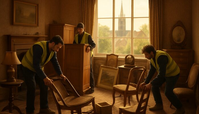 Workers sorting vintage furniture and antiques in a Peterborough house clearance with cathedral spire visible.
