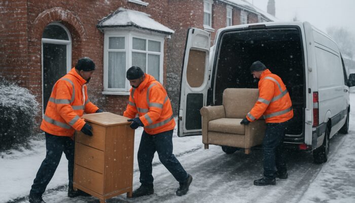 House clearance workers loading furniture into van on snowy Peterborough street in winter