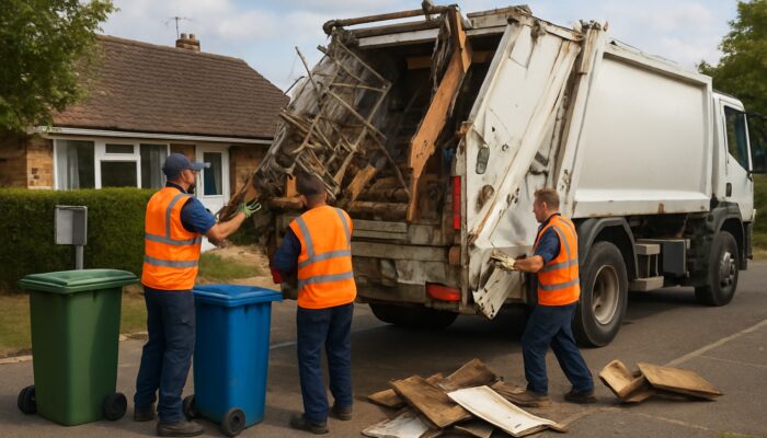 Professional crew loads household debris into licensed waste carrier truck for house clearance