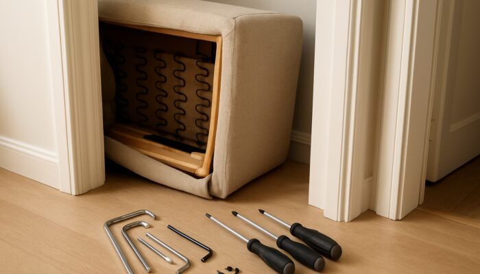 Disassembly tools like Allen keys and screwdrivers beside a partially taken-apart sofa near narrow doorways.